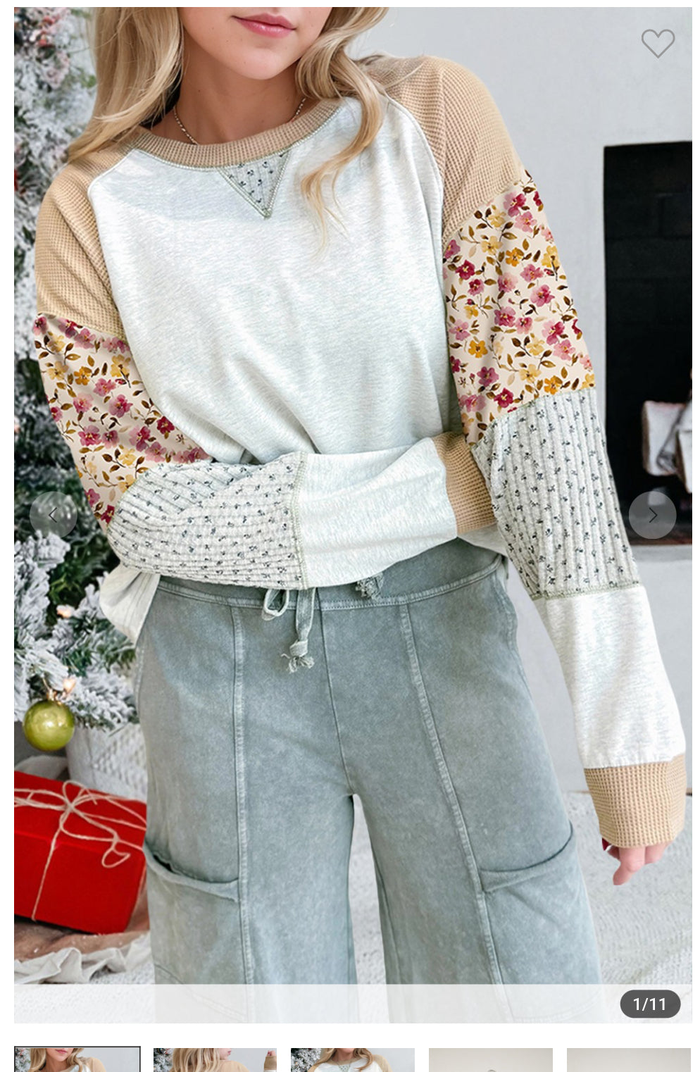 Tan & Floral Colorblock Top