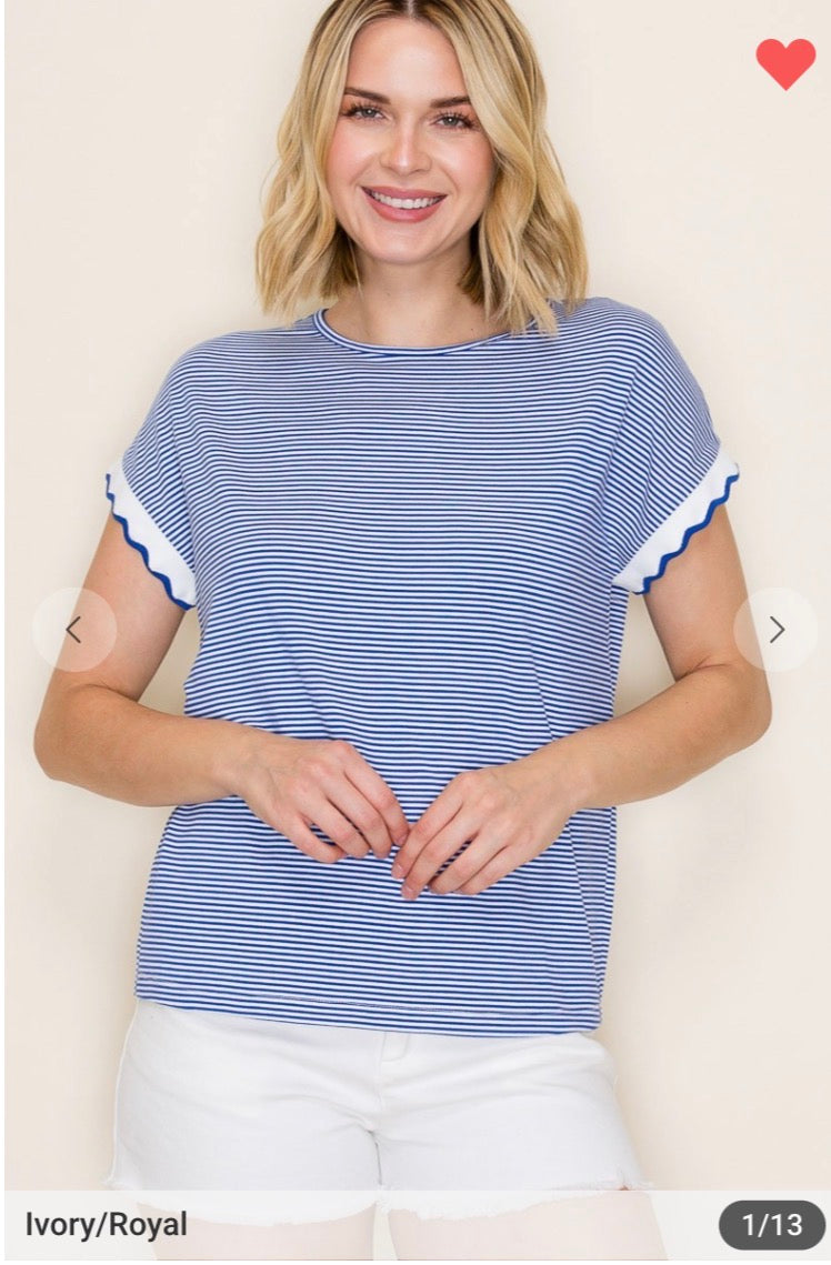 Blue Stripe & Scallop Sleeved Top