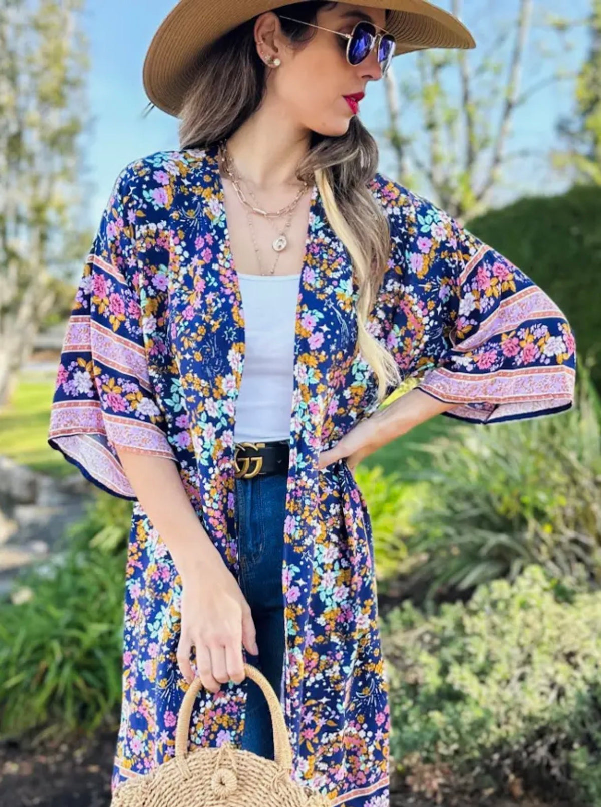 Navy & Pink Floral Kimono