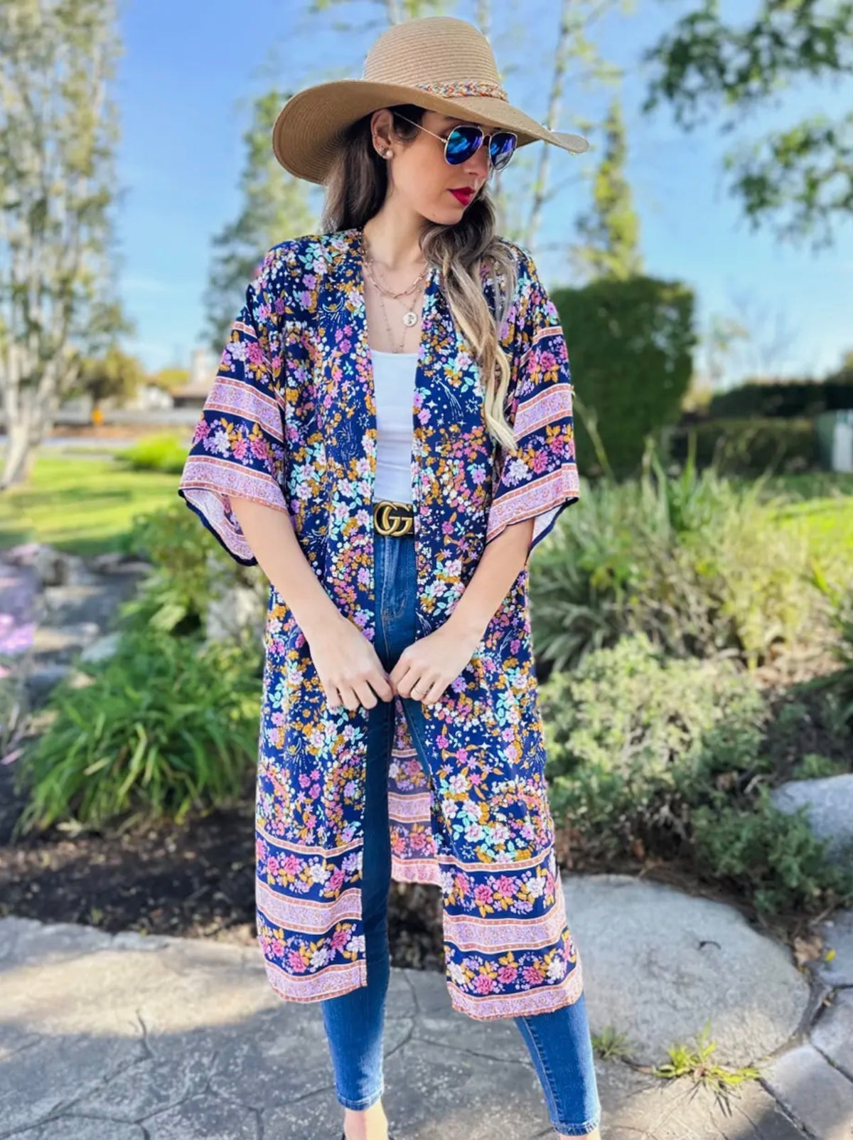 Navy & Pink Floral Kimono