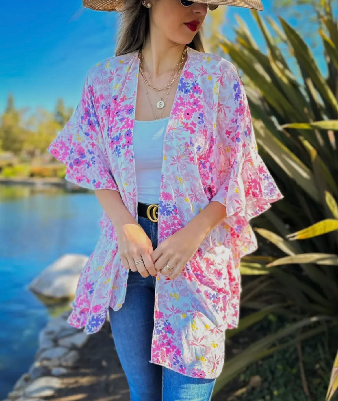 Pink Floral Ruffles Kimono