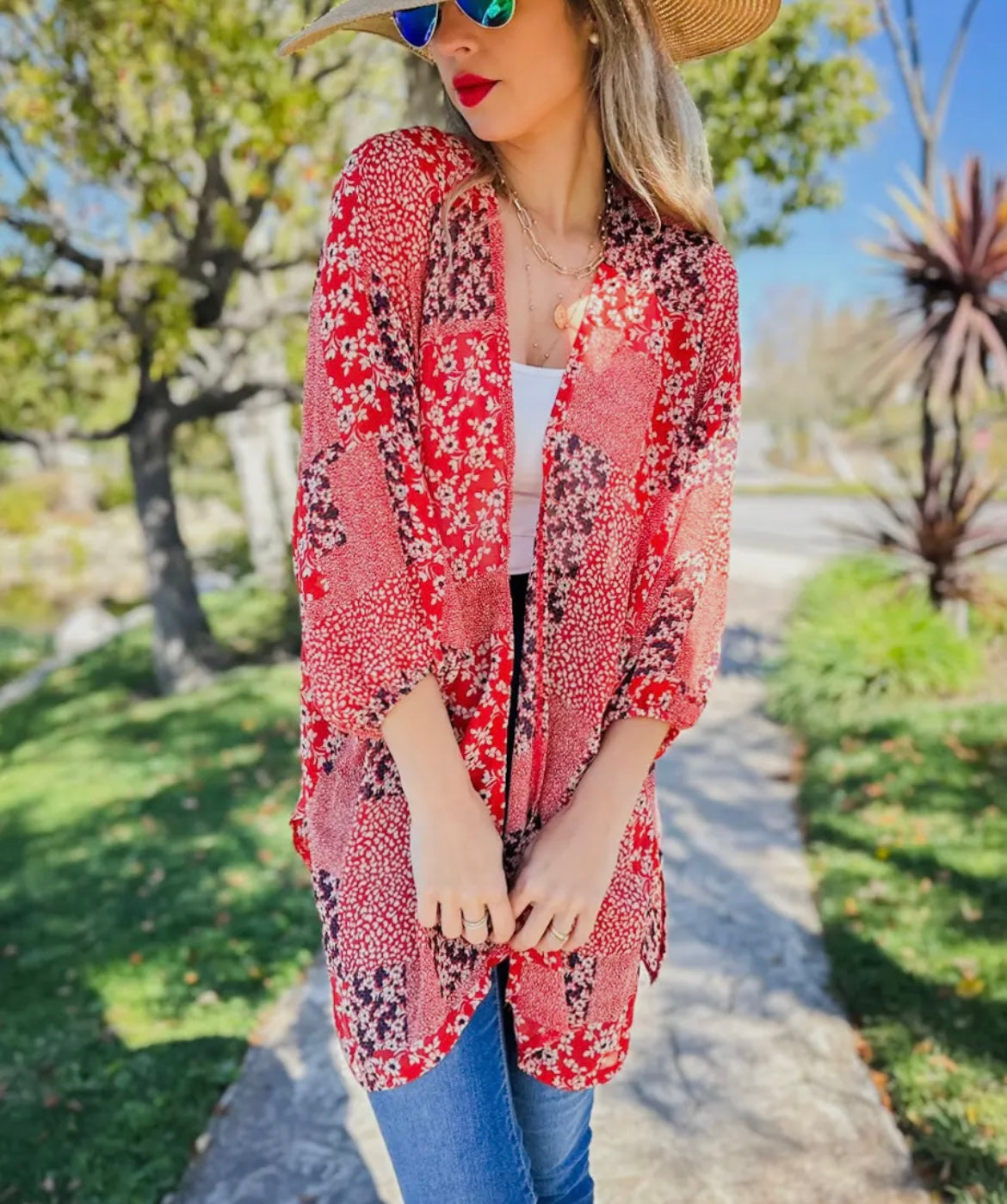 Red Floral Kimono Cardigan