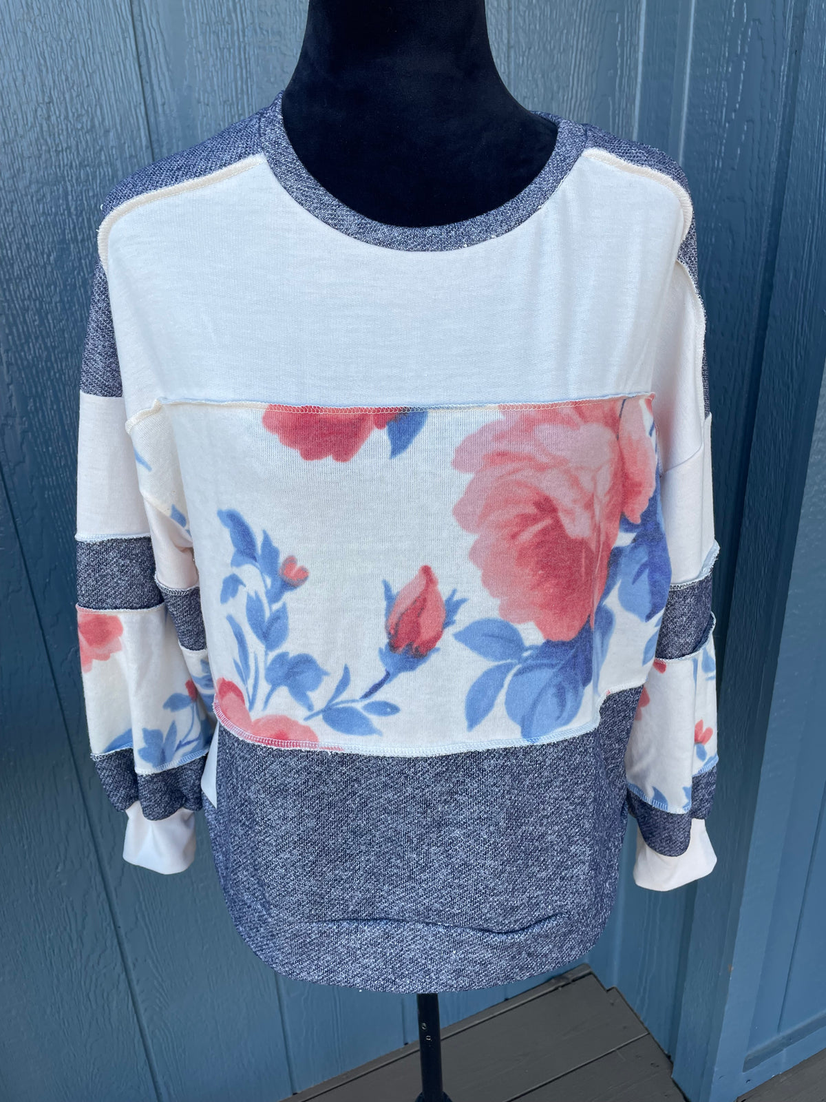 Blue & Floral Colorblock Top