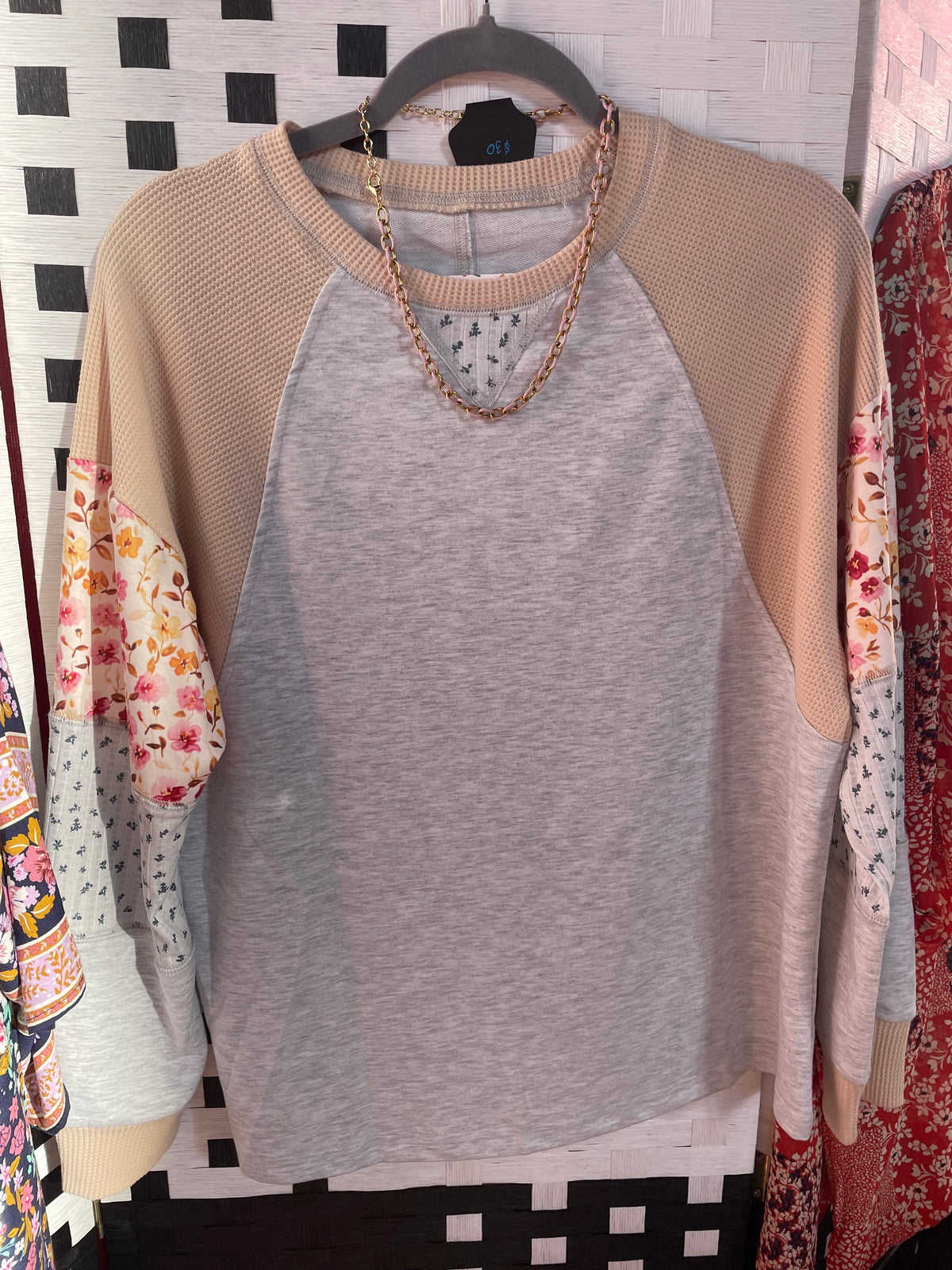Tan & Floral Colorblock Top