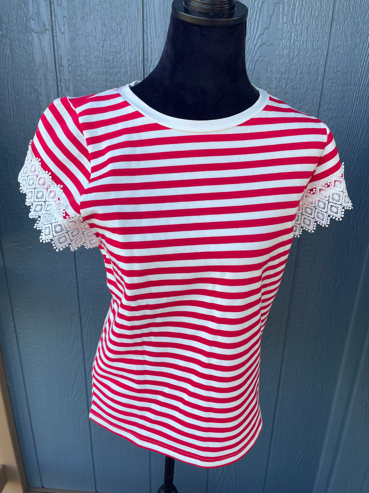 Red Stripe & Lace Top