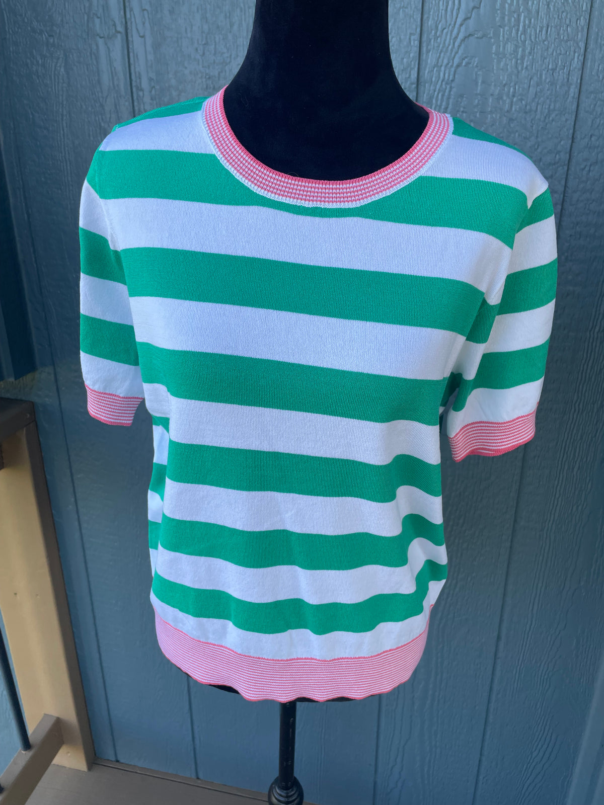 Pink & Green Striped Short Sleeve Sweater